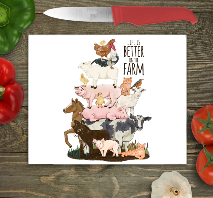 Farm Animal Glass Chopping Board, Barn Animal Cutting Board